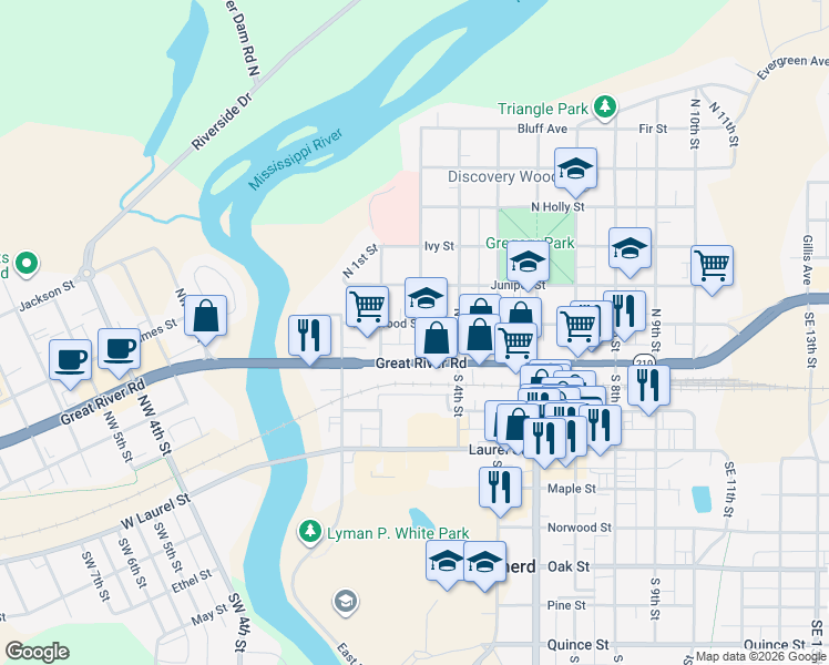 map of restaurants, bars, coffee shops, grocery stores, and more near 212 Kingwood Street in Brainerd