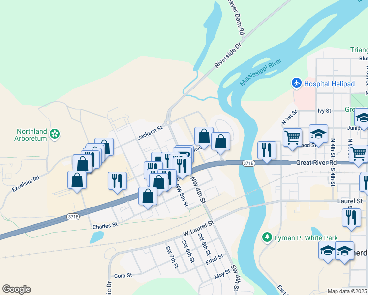 map of restaurants, bars, coffee shops, grocery stores, and more near 510 Northwest 4th Street in Brainerd