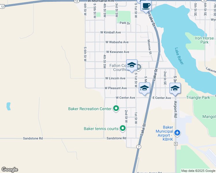 map of restaurants, bars, coffee shops, grocery stores, and more near 800-898 S 4th St W in Baker