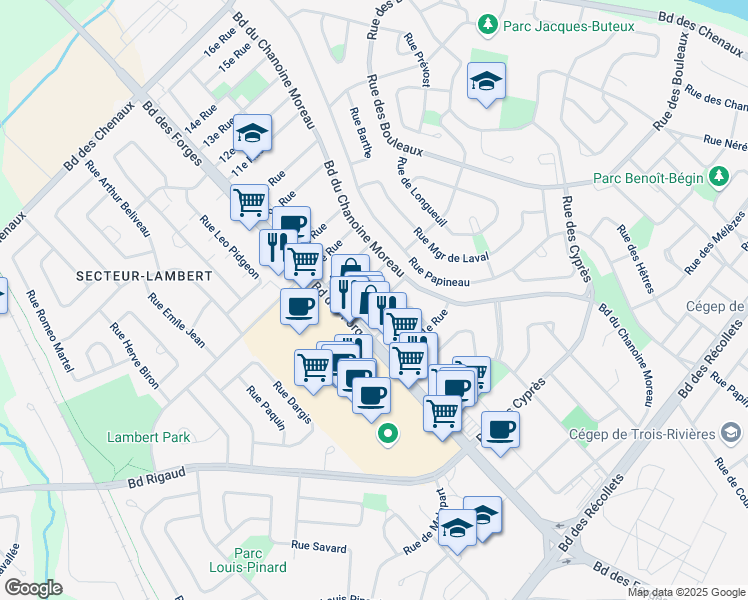 map of restaurants, bars, coffee shops, grocery stores, and more near 1400 3e Rue in Trois-Rivières