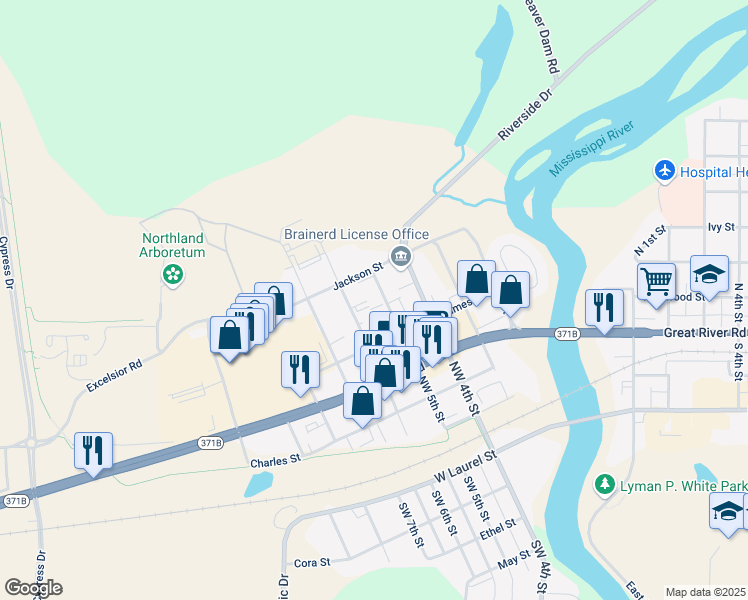 map of restaurants, bars, coffee shops, grocery stores, and more near 601 Northwest 5th Street in Brainerd