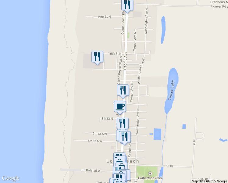map of restaurants, bars, coffee shops, grocery stores, and more near 1105 Ocean Beach Boulevard North in Long Beach