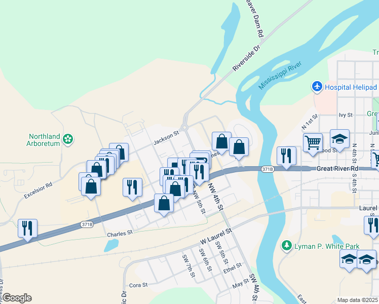 map of restaurants, bars, coffee shops, grocery stores, and more near 517 Northwest 4th Street in Brainerd
