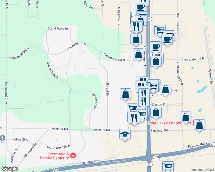 map of restaurants, bars, coffee shops, grocery stores, and more near 14285 Forest Drive in Baxter