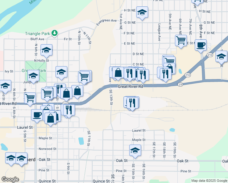map of restaurants, bars, coffee shops, grocery stores, and more near 10 Washington Street Northeast in Brainerd