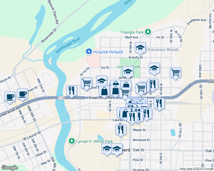 map of restaurants, bars, coffee shops, grocery stores, and more near 303 North 4th Street in Brainerd