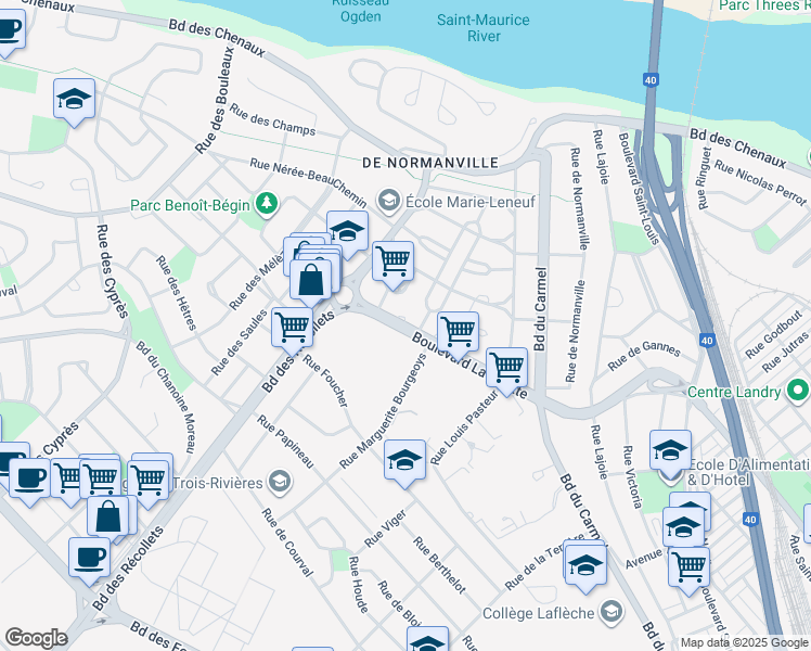 map of restaurants, bars, coffee shops, grocery stores, and more near Boulevard Laviolette in Trois-Rivières