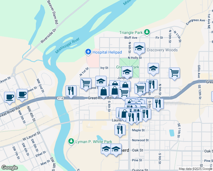 map of restaurants, bars, coffee shops, grocery stores, and more near 303 North 4th Street in Brainerd