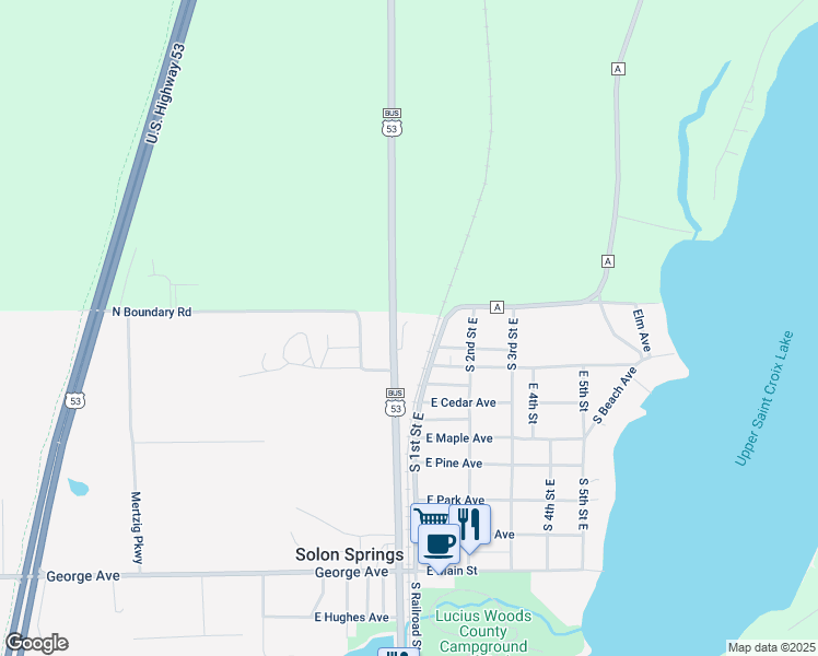 map of restaurants, bars, coffee shops, grocery stores, and more near 11230 South Business Highway 53 in Solon Springs