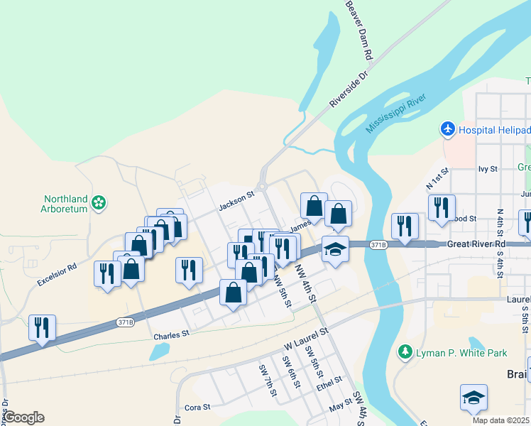 map of restaurants, bars, coffee shops, grocery stores, and more near 517 Northwest 4th Street in Brainerd