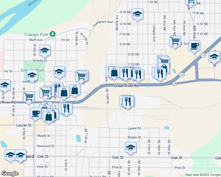 map of restaurants, bars, coffee shops, grocery stores, and more near 10 Washington Street Northeast in Brainerd