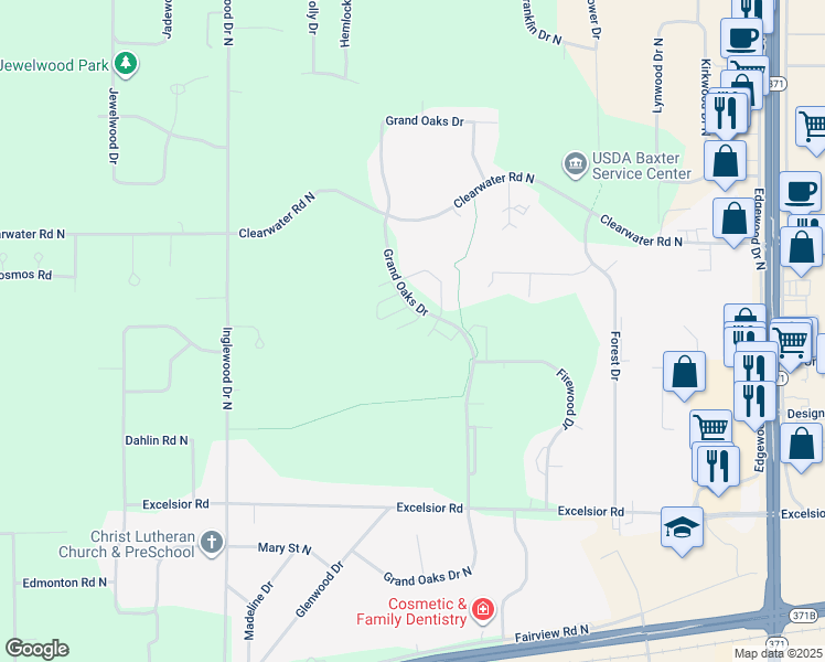 map of restaurants, bars, coffee shops, grocery stores, and more near 14303 Grand Oaks Drive in Baxter