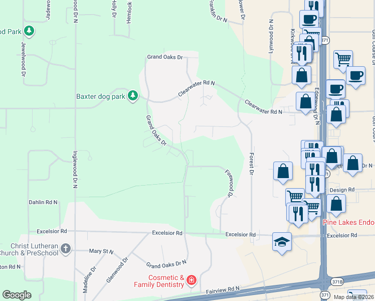 map of restaurants, bars, coffee shops, grocery stores, and more near 14232 Grand Oaks Drive in Baxter