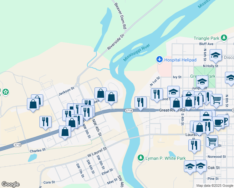 map of restaurants, bars, coffee shops, grocery stores, and more near 434 Tyrol Drive in Brainerd