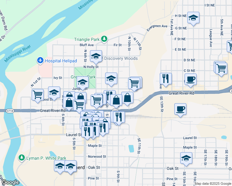 map of restaurants, bars, coffee shops, grocery stores, and more near 315 North 9th Street in Brainerd