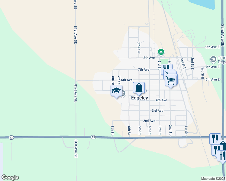 map of restaurants, bars, coffee shops, grocery stores, and more near 8th St in Edgeley