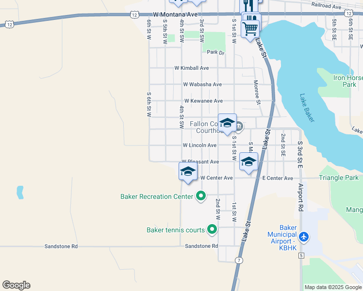 map of restaurants, bars, coffee shops, grocery stores, and more near 800 4th Street Southwest in Baker