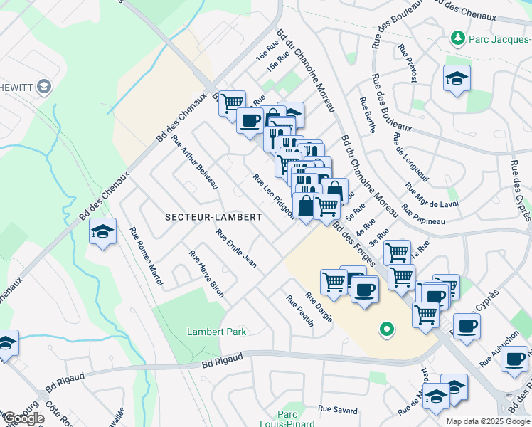 map of restaurants, bars, coffee shops, grocery stores, and more near 5240 Rue Léon Méthot in Trois-Rivières
