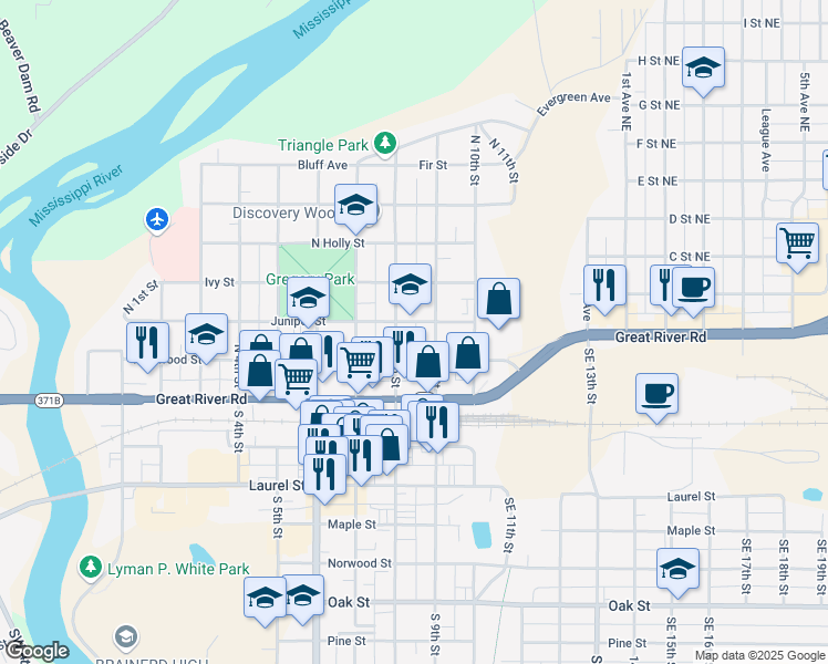 map of restaurants, bars, coffee shops, grocery stores, and more near 817 Juniper Street in Brainerd