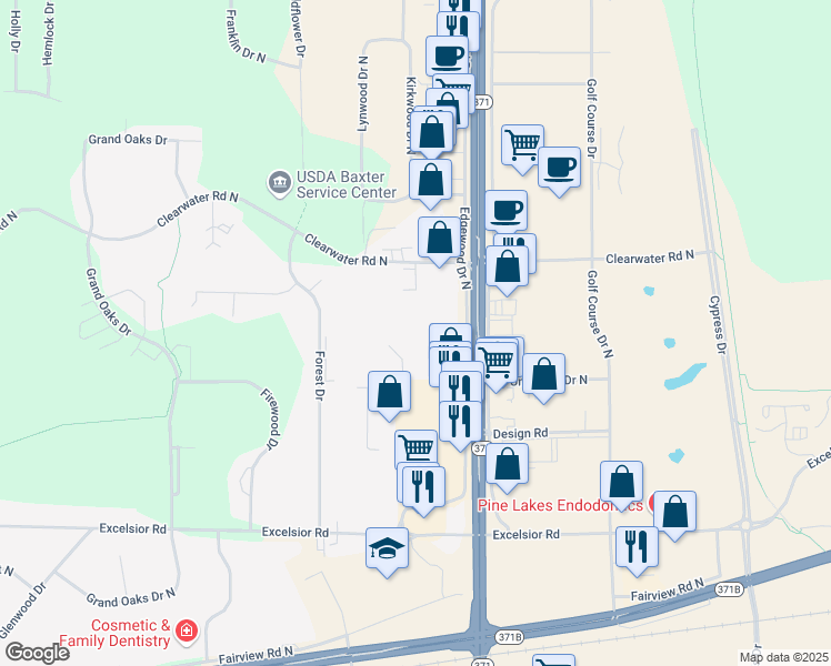 map of restaurants, bars, coffee shops, grocery stores, and more near 14387 Edgewood Drive North in Baxter