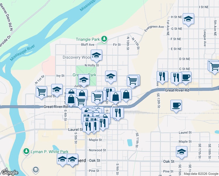 map of restaurants, bars, coffee shops, grocery stores, and more near 817 Juniper Street in Brainerd