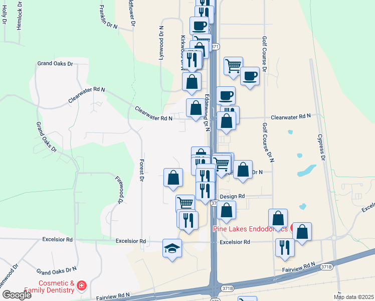 map of restaurants, bars, coffee shops, grocery stores, and more near 14387 Edgewood Drive in Baxter