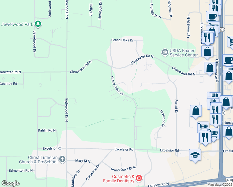map of restaurants, bars, coffee shops, grocery stores, and more near 14303 Grand Oaks Drive in Baxter
