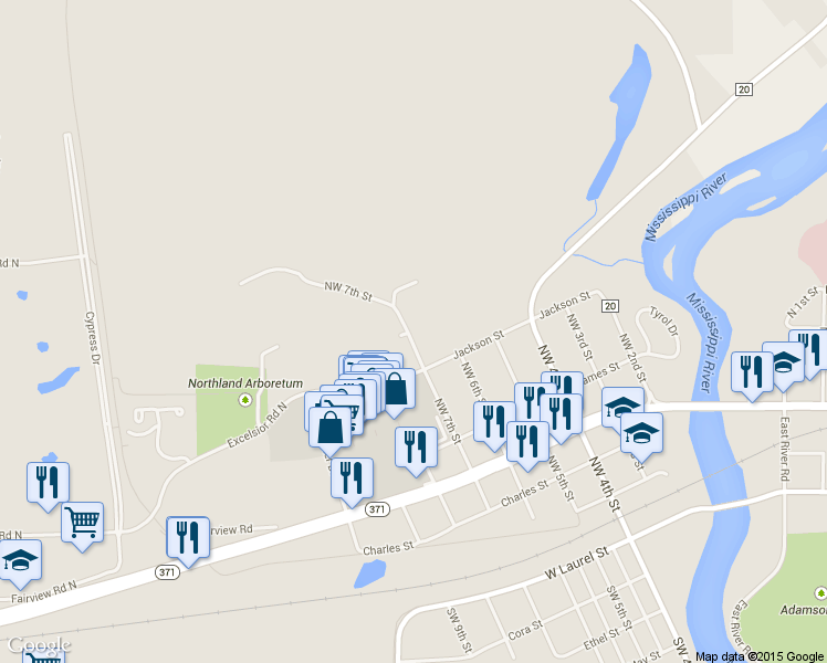 map of restaurants, bars, coffee shops, grocery stores, and more near 1115 Wright Street in Brainerd