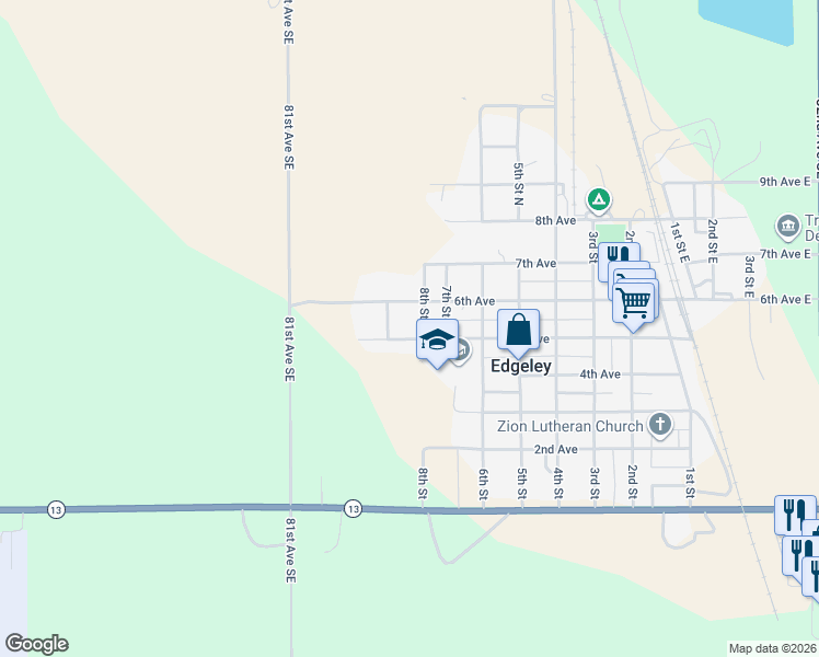 map of restaurants, bars, coffee shops, grocery stores, and more near 8th St in Edgeley