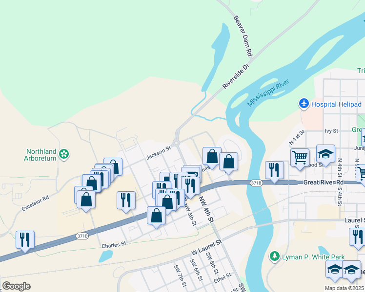 map of restaurants, bars, coffee shops, grocery stores, and more near 622 Northwest 4th Street in Brainerd