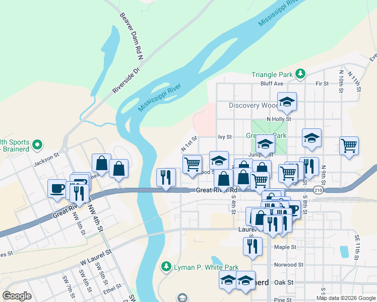 map of restaurants, bars, coffee shops, grocery stores, and more near 111 Juniper Street in Brainerd