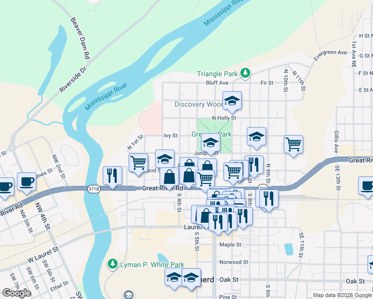 map of restaurants, bars, coffee shops, grocery stores, and more near 411 Juniper Street in Brainerd