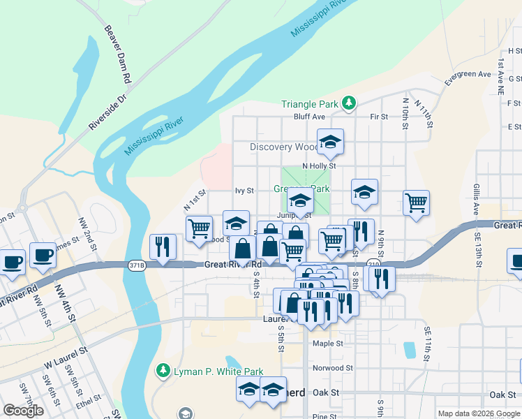 map of restaurants, bars, coffee shops, grocery stores, and more near 411 Juniper Street in Brainerd