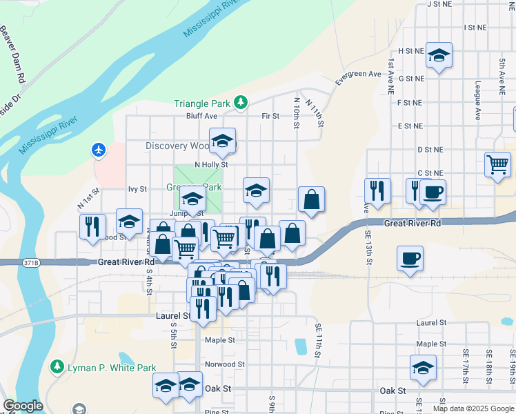map of restaurants, bars, coffee shops, grocery stores, and more near 817 Juniper Street in Brainerd