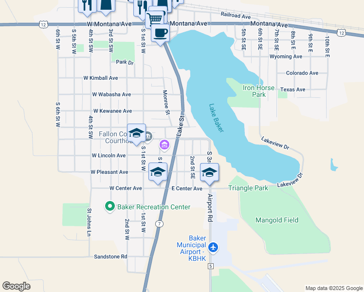 map of restaurants, bars, coffee shops, grocery stores, and more near 712 South 1st Street East in Baker