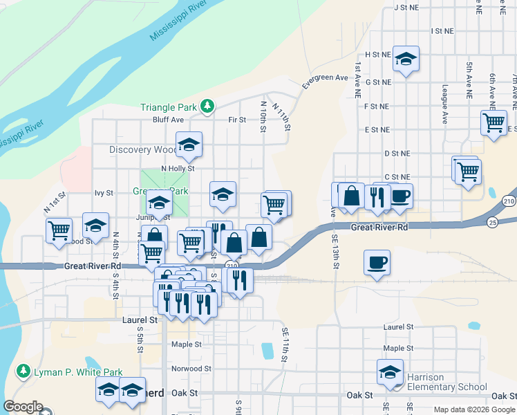 map of restaurants, bars, coffee shops, grocery stores, and more near 412 North 9th Street in Brainerd