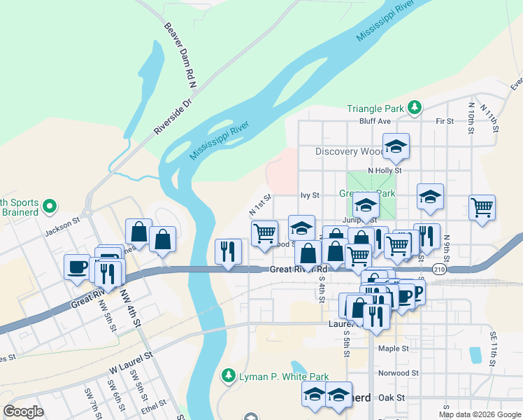 map of restaurants, bars, coffee shops, grocery stores, and more near 111 Juniper Street in Brainerd