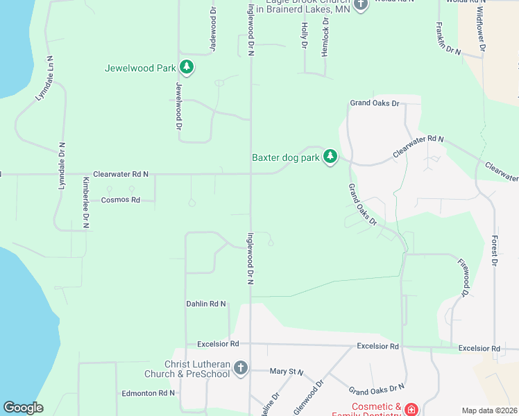 map of restaurants, bars, coffee shops, grocery stores, and more near 14390 Inglewood Drive North in Baxter