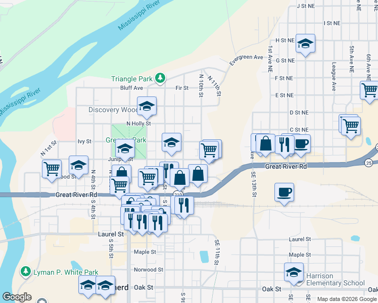 map of restaurants, bars, coffee shops, grocery stores, and more near 412 North 9th Street in Brainerd