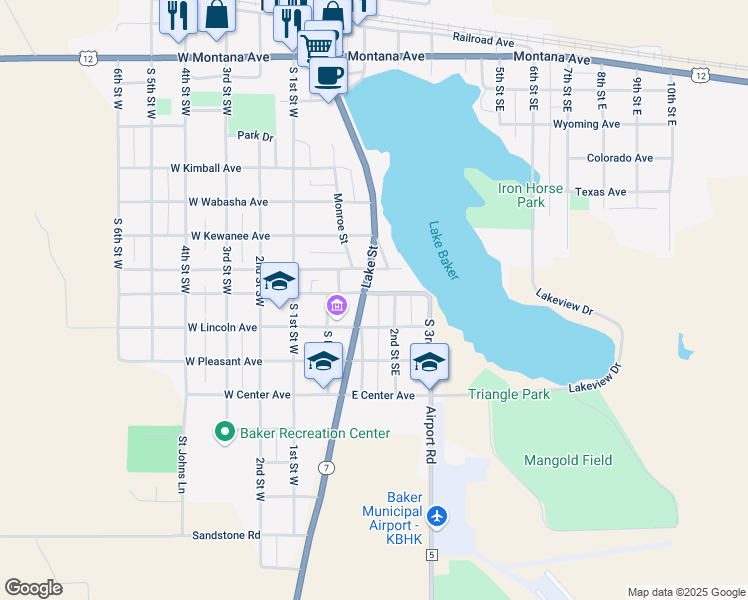 map of restaurants, bars, coffee shops, grocery stores, and more near 712 South 1st Street East in Baker