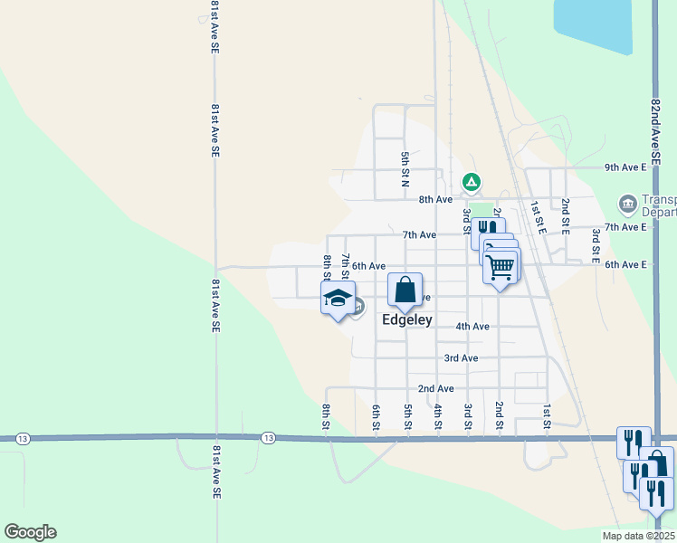 map of restaurants, bars, coffee shops, grocery stores, and more near 8th St in Edgeley