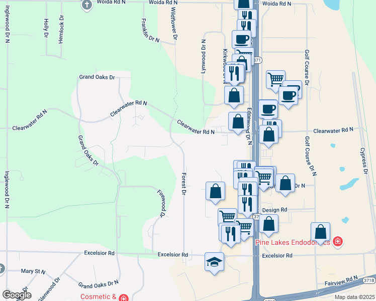 map of restaurants, bars, coffee shops, grocery stores, and more near 14398 Forest Drive in Baxter