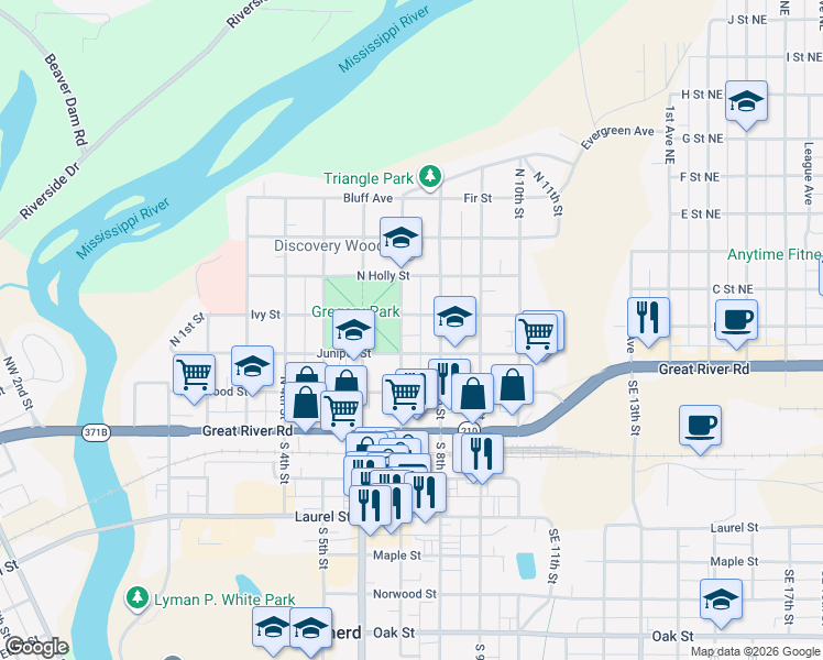 map of restaurants, bars, coffee shops, grocery stores, and more near 418 North 7th Street in Brainerd