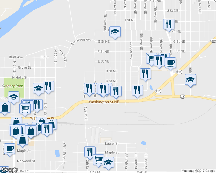 map of restaurants, bars, coffee shops, grocery stores, and more near 210 2nd Avenue Northeast in Brainerd