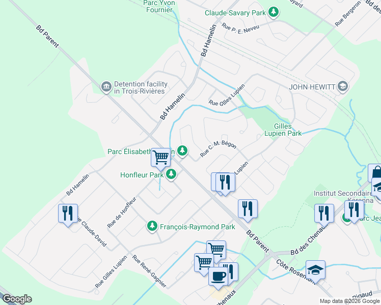 map of restaurants, bars, coffee shops, grocery stores, and more near 1345 Rue Claude Michel Bégon in Trois-Rivières
