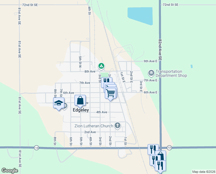 map of restaurants, bars, coffee shops, grocery stores, and more near 250 7th Avenue in Edgeley
