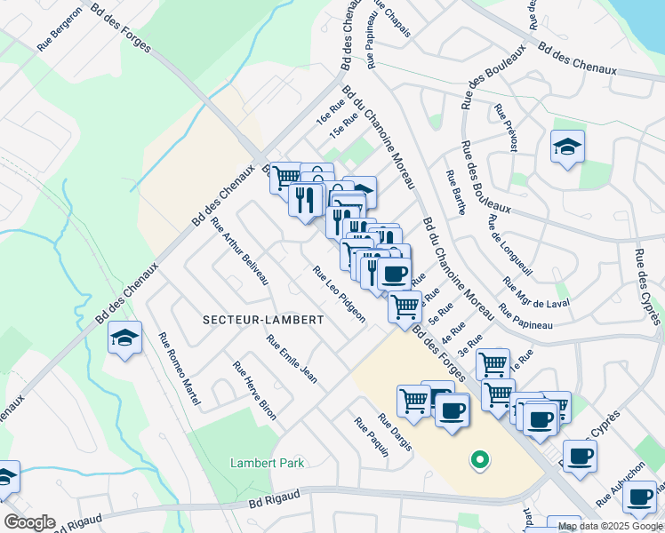 map of restaurants, bars, coffee shops, grocery stores, and more near 5200 Boulevard des Forges in Trois-Rivières