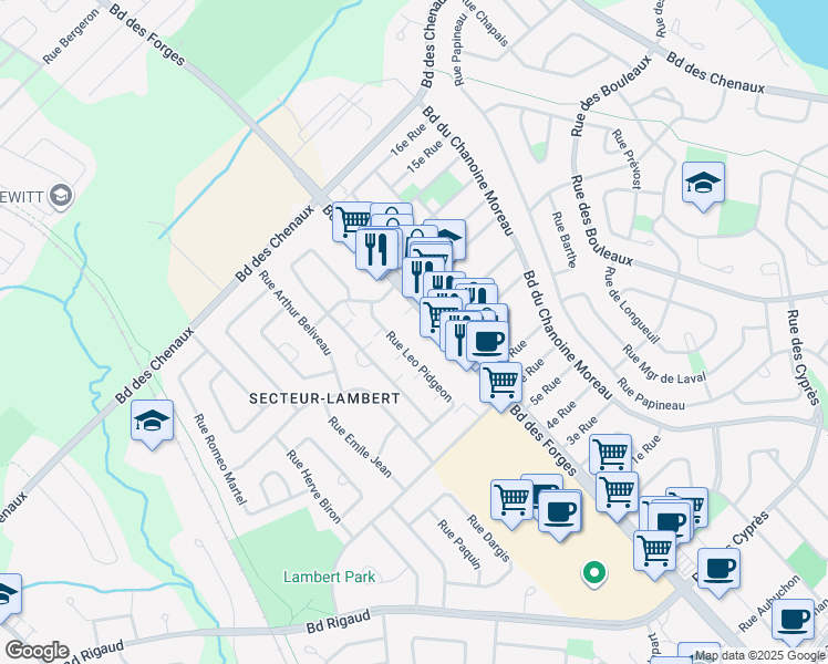 map of restaurants, bars, coffee shops, grocery stores, and more near 5200 Boulevard des Forges in Trois-Rivières