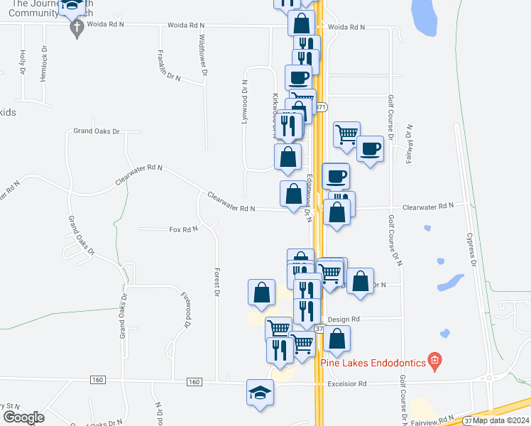 map of restaurants, bars, coffee shops, grocery stores, and more near 7366 Clearwater Road North in Baxter