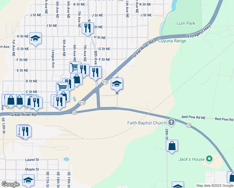 map of restaurants, bars, coffee shops, grocery stores, and more near 311 10th Avenue Northeast in Brainerd